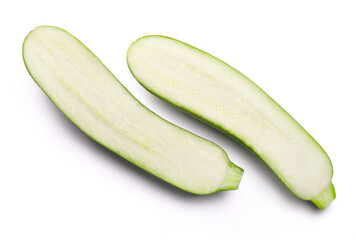 Ripe zucchini sliced in half isolated on white background. Fresh vegetables.