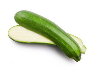Ripe zucchini sliced in half isolated on white background. Fresh vegetables.