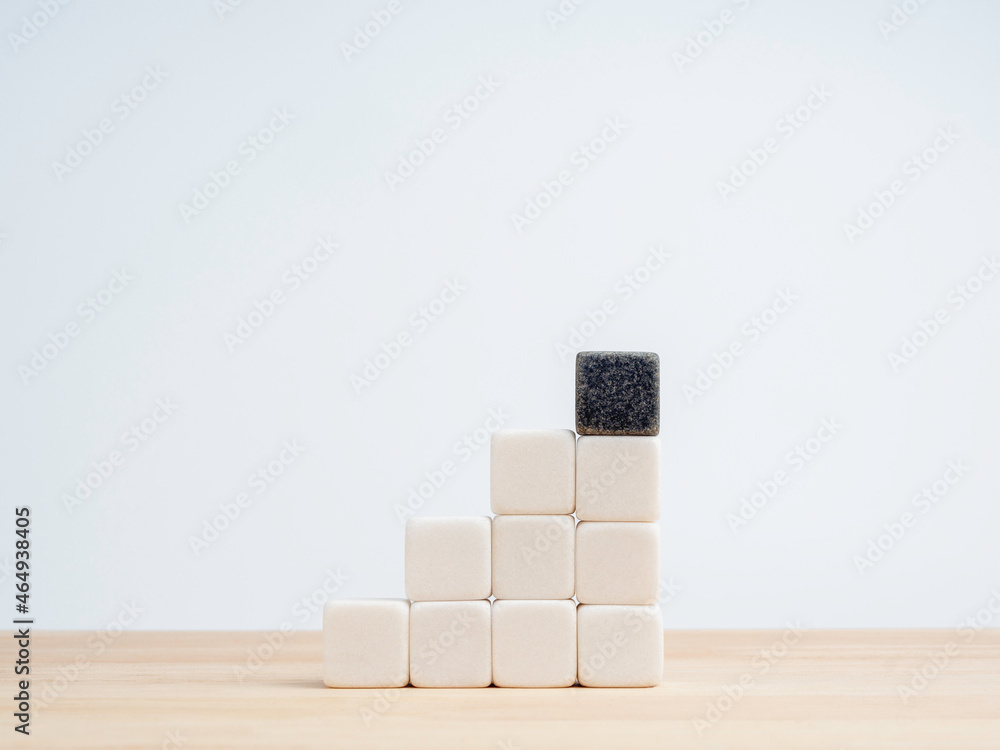 Poster business growth, benefit building process concept. the last one difference black dice cube block on 