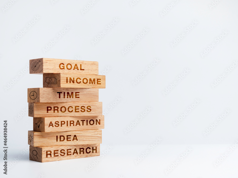 Poster 7 options or steps infographic for business concept. stack of wooden blocks with words of the key to