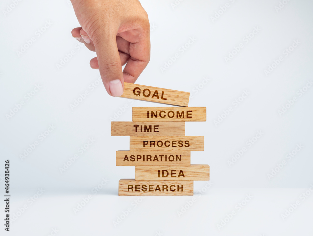 Poster 7 options or steps infographic for business concept. hand put the last wood block on the top of the 