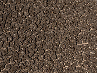 Brown dried crack soil earth background, top view. Crack floor background. Dryland. Global warming. Global heat effect.