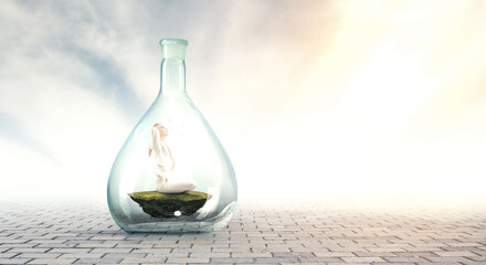 Business woman doing yoga in lotus pose inside glass bottle . Mixed media