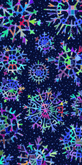 Christmas background, multicolor snowflakes on dark background, vertical banner