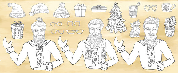  Design set with Santa and gifts. Coloring page.  Vector illustration with Christmas and New Year concept