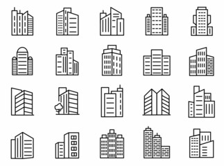 Building line icons set. collection of building symbol illustration design. contain such as town,  apartment, Hotel, Hospital, skyscraper, construction and more. editable. vector - obrazy, fototapety, plakaty