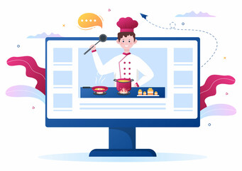 Video Tutorial How to Make, Prepare, Culinary, Food Show Channel and Teaches Cooking New Recipe for Posters. Background Vector Illustration