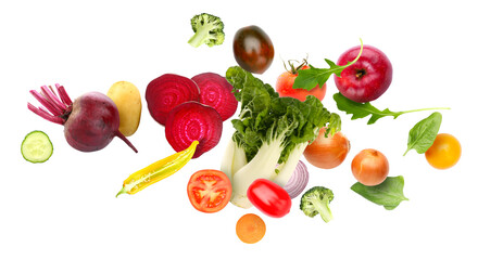 Flying fresh vegetables on white background