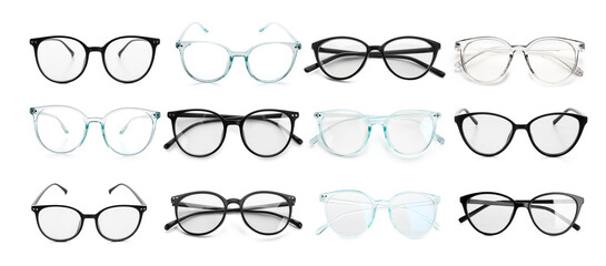 Collection of stylish eyeglasses on white background