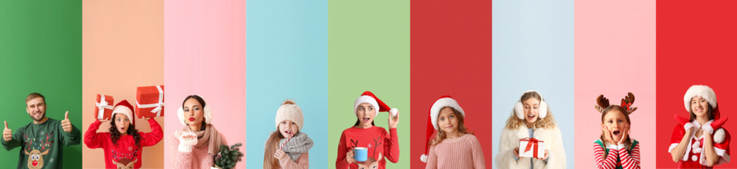 Group of different people celebrating Christmas on color background