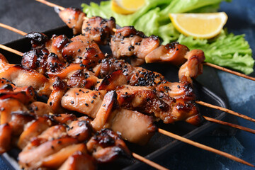 Dish with grilled chicken skewers on color background