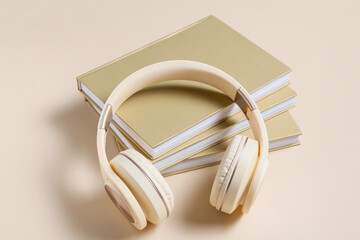 Modern headphones and books on color background