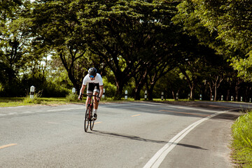 Cyclist is riding a bicycle on the road at sunset