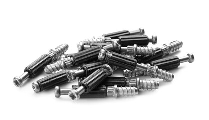 Pile of furniture connectors on white background