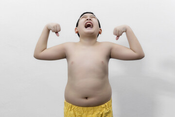 Obese fat Asian boy overweight on white background, Health care concept