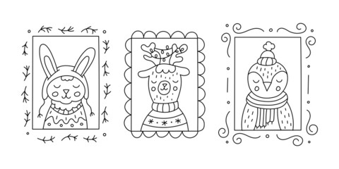Fanny winter animals in frames. Ideal for coloring books, stamps, tags. Doodle style. Vector illustration.