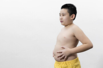 Obese fat Asian boy overweight on white background, Health care concept