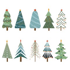 Christmas trees. Set of clipart elements. Flat vector illustration.