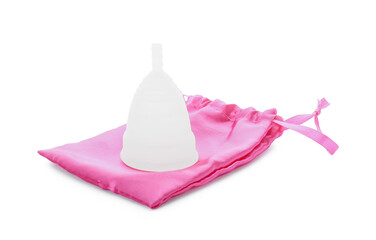 Menstrual cup and bag on white background