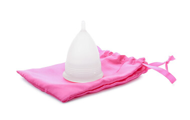 Menstrual cup and bag on white background