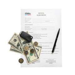 Rental agreement, money, pen and car key on white background