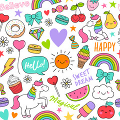 Cute doodle elements seamless pattern on white background.