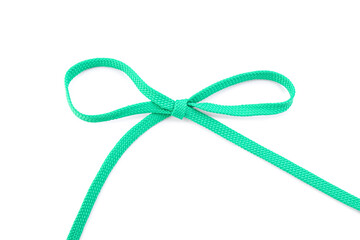Shoe lace tied in bow on white background