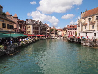 The Thiou river that runs through the Alpine town of Annecy in France.