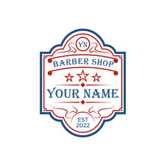vintage barber shop logo template in red blue on white background