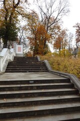 Old stairs going up by autumn season in park Kadriorg. Golden brown foliage on the back. Tallinn, Estonia. October 2021