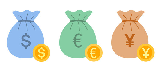 Dollar, euro and yen currency money bag and coin in flat design on white background. American, European and Japanese money concept.