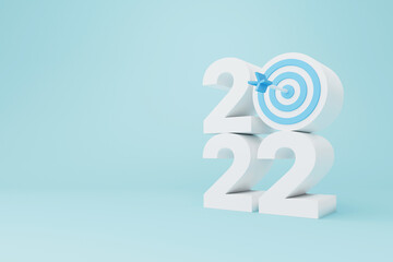 New year resolution 2022. Goal achievement. Ambition aiming success. Dartboard and arrow with number. 3d rendering illustration