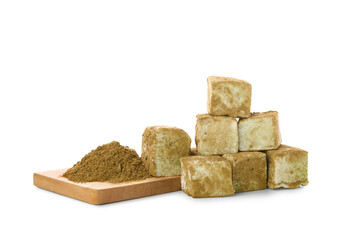 Delicious hojicha marshmallows and powder on white background