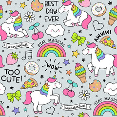 Cute colorful unicorn and doodle elements seamless pattern background. © NTRdesign