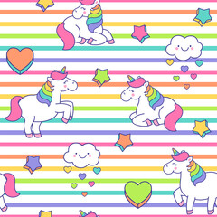 Cute unicorn seamless pattern with rainbow stripes background.