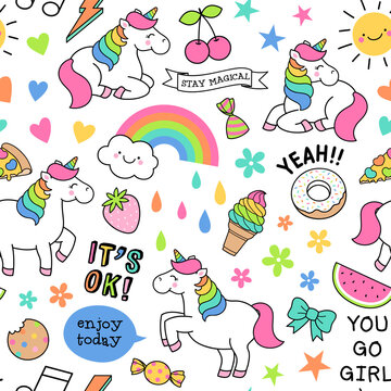Cute colorful unicorn and doodle elements seamless pattern background.
