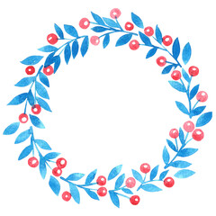 Fototapeta na wymiar Green leaves and red berry watercolor wreath for decoration on Christmas holiday events