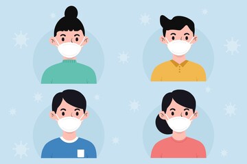 Set of people wearing medical face masks to prevent disease, flu, contaminated air pollution.