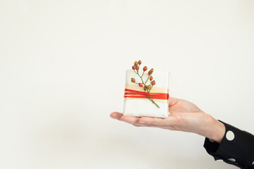 Hand offering handmade gift, with copy space