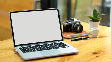 Close-up, Opened modern laptop computer stand on worktable