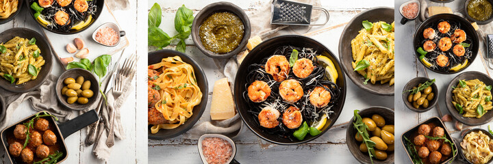 Collage of Assortment of Italian pasta with traditional snacks and sauces for dinner on white wooden background.