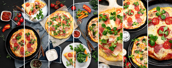 Collage made of delicious fresh pizzas variety with different souces and vegetables