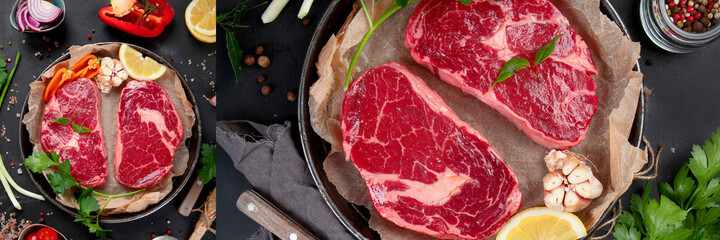 Collage made of meat raw steaks with seasoning and herbs on dark background.