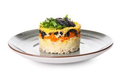 Plate with tasty layered salad with prunes on white background