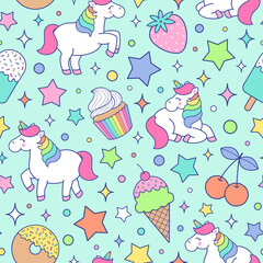 Cute pastel unicorn and dessert seamless pattern with star background.