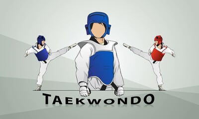 A woman in a kimono and a protective suit is engaged in taekwondo. The logo for women's taekwondo. - obrazy, fototapety, plakaty
