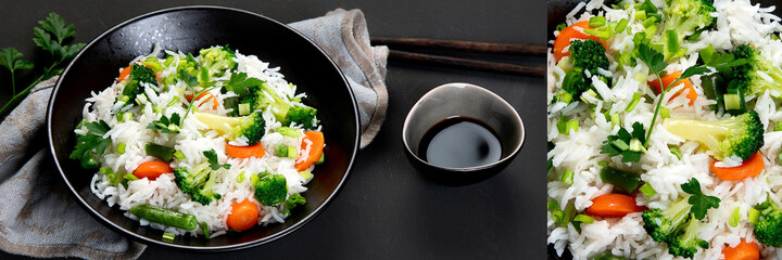 Collage made of different type of rice with meat and vegetables.