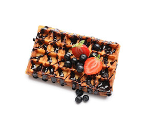 Tasty Belgian Waffle with berries on white background