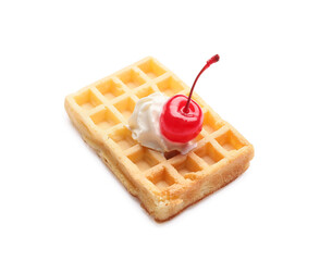 Tasty Belgian Waffle with cherry on white background