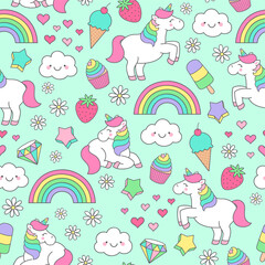 Cute pastel hand drawn unicorn and doodle elements seamless pattern background.